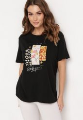 Czarny Bawełniany T-shirt z Ozdobnym Nadrukiem Jalliana. Czarne bluzki damskie Born2be, l, bez wzorów, z bawełny, bez kołnierzyka, bez ramiączek. Za 49.99 zł.