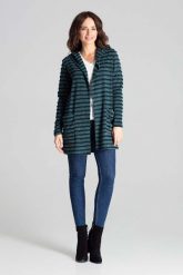 Zielony Niezapinany Sweter w Paski z Kapturem. Zielone kardigany damskie Katrus, m, bez wzorów, z elastanu, bez kołnierzyka, bez ramiączek, z kapturem. Za 219.00 zł.