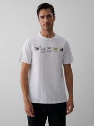 4F T-shirt regular z nadrukiem męski - biały XL. Białe koszulki sportowe męskie 4f, m, bez wzorów, z bawełny, bez kołnierzyka, bez ramiączek, trekkingowe. Za 69.99 zł.