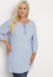 Jasnoniebieska Wiązana Tunika Ozdobiona Troczkami Eviras. Niebieskie bluzki damskie Born2be, xl, z aplikacjami, z jeansu, eleganckie, bez kołnierzyka, bez ramiączek. Za 44.99 zł.