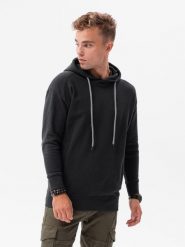 Bluza męska z kapturem ze strukturalnego materiału - czarna V1 - Rozmiar: L. Czarne bluzy męskie Ombre Clothing, l, bez wzorów, z bawełny, z kapturem. W wyprzedaży za 69.99 zł.