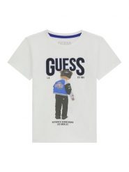 Guess T-Shirt N6RI05 K8HM4 Biały Regular Fit. Białe t-shirty dla chłopców Guess, z aplikacjami, z bawełny, bez ramiączek. Za 99.99 zł.