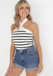 Biały Top w Paski z Dekoltem Halter na Szyję Bredgit. Białe bluzki damskie Born2be, s, bez wzorów, z dzianiny, bez kołnierzyka, bez ramiączek. Za 64.99 zł.