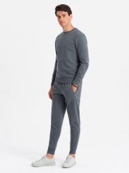 Dresowy męski bawełniany komplet BASIC bluza nierozpinana + joggery – grafitowy V11. Szare bluzy męskie Ombre Clothing, m, bez wzorów, z bawełny, bez kaptura. Za 269.99 zł.
