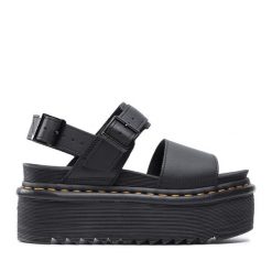 Sandały Dr. Martens. Czarne sandały damskie Dr. Martens, bez wzorów, bez obcasa, na koturnie, bez zapięcia. Za 379.99 zł.