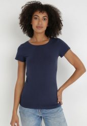 Granatowy T-shirt Gathanthei. Niebieskie bluzki damskie Born2be, l, bez wzorów, z bawełny, klasyczne, bez kołnierzyka. Za 29.99 zł.