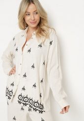 Biało-Czarna Koszula z Lnu i Wiskozy Ozdobiona Haftem w Stylu Etno Alarisa. Białe bluzki damskie Born2be, bez wzorów, z jeansu, eleganckie, bez kołnierzyka, bez ramiączek. Za 99.99 zł.