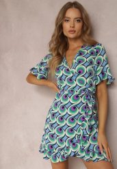 Niebiesko-Fioletowa Sukienka Kopertowa Sophenope. Niebieskie sukienki damskie Renee, m, z aplikacjami, z tkaniny, bez kołnierzyka, bez ramiączek, mini, kopertowe. Za 49.99 zł.