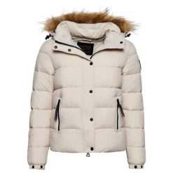 Damska krótka kurtka z kapturem i sztucznym futrem Superdry. Szare kurtki damskie Superdry., l, z aplikacjami, z nylonu, z kapturem. Za 582.10 zł.