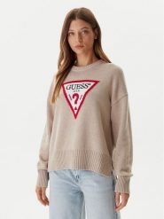 Guess Jeans Sweter W4BR12 Z3HM1 Beżowy Relaxed Fit. Brązowe swetry damskie Guess Jeans, m, z aplikacjami, z bawełny, bez kołnierzyka, bez ramiączek, bez kaptura. Za 389.99 zł.