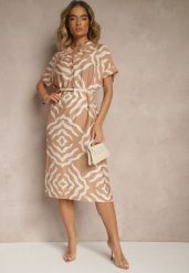 Beżowa Sukienka z Wiskozą Lnem i Geometrycznym Wzorem Sadelive. Brązowe sukienki damskie Renee, na co dzień, na lato, l, bez wzorów, z wiskozy, eleganckie, bez kołnierzyka, bez ramiączek, midi. Za 89.99 zł.