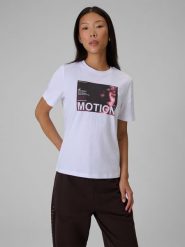 4F T-shirt relaxed z nadrukiem damski - biały XS. Białe koszulki sportowe damskie 4f, l, bez wzorów, z bawełny, bez kołnierzyka, bez ramiączek. Za 69.99 zł.