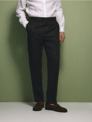 Lniane spodnie garniturowe - ciemnobrązowy. Brązowe eleganckie spodnie męskie Reserved, bez wzorów, z tkaniny. Za 199.99 zł.