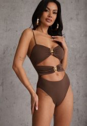 Brązowy Jednoczęściowy Strój Kąpielowy Na Cienkich Ramiączkach ze Złotymi Ozdobami i Wycięciami Nonanoe. Brązowe kostiumy jednoczęściowe damskie Renee, l, bez wzorów, z jeansu, eleganckie, plus size. Za 109.99 zł.