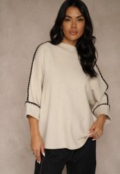 Beżowy Sweter Ozdobiony Lamówką na Rękawach Tusenna. Brązowe swetry damskie Renee, bez wzorów, z jeansu, casualowe, bez kołnierzyka, bez ramiączek, bez kaptura. Za 89.99 zł.