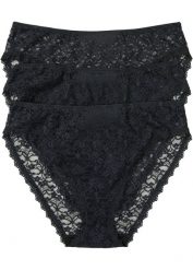 Figi maxi z koronki z recyklingu z głębokim wycięciem nogawek (3 pary). Czarne figi damskie bonprix, bez wzorów, z koronki. Za 62.99 zł.