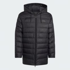 Parka z kapturem Essentials CLIMAWARM 3-Stripes Light Down. Czarne parki męskie Adidas, na zimę, s, bez wzorów, z materiału, klasyczne, z kapturem. Za 419.99 zł.