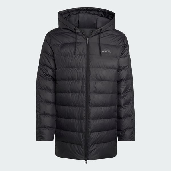 Parka z kapturem Essentials CLIMAWARM 3-Stripes Light Down. Szare parki męskie Adidas, na zimę, uniwersalny, bez wzorów, z materiału, klasyczne, z kapturem. Za 649.00 zł.