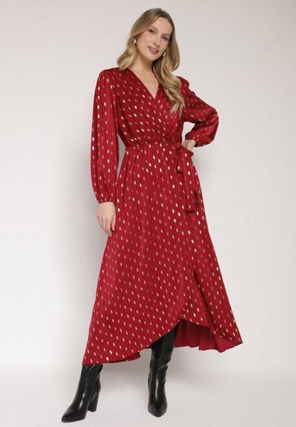 Bordowa Kopertowa Sukienka z Wiązaniem w Pasie i Metalicznym Nadrukiem Reisana. Czerwone sukienki damskie Born2be, na co dzień, l, z aplikacjami, eleganckie, bez kołnierzyka, bez ramiączek, kopertowe. Za 159.99 zł.