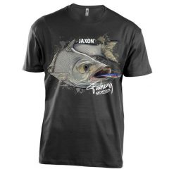 Koszulka wędkarska Jaxon Nature Boleń. Czarne koszulki sportowe męskie Jaxon, s, bez wzorów, bez kołnierzyka, bez ramiączek. Za 69.99 zł.
