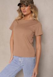 Brązowy Casualowy Bawełniany T-shirt Rivali. Brązowe bluzki damskie Renee, m, bez wzorów, z bawełny, klasyczne, bez kołnierzyka. Za 24.99 zł.