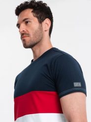 T-shirt męski trójkolorowy w szerokie pasy - granatowo-biały V1 - Rozmiar: S. Niebieskie t-shirty męskie Ombre Clothing, m, z aplikacjami, z bawełny, bez kołnierzyka. W wyprzedaży za 19.99 zł.