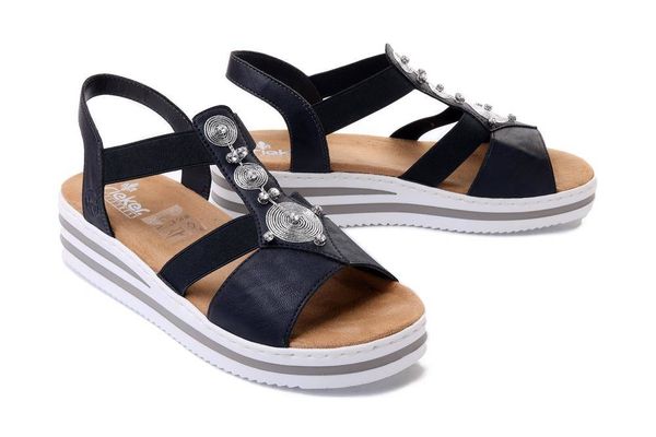 RIEKER V0287-14 blue, sandały damskie. Niebieskie sandały damskie Rieker, bez wzorów, bez obcasa, na koturnie, bez zapięcia. Za 179.94 zł.