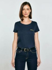 Koszulka damska z brokatowym nadrukiem granatowa Merra 403. Niebieskie t-shirty damskie Big Star, l, bez wzorów, z dzianiny, klasyczne, bez kołnierzyka. Za 89.99 zł.