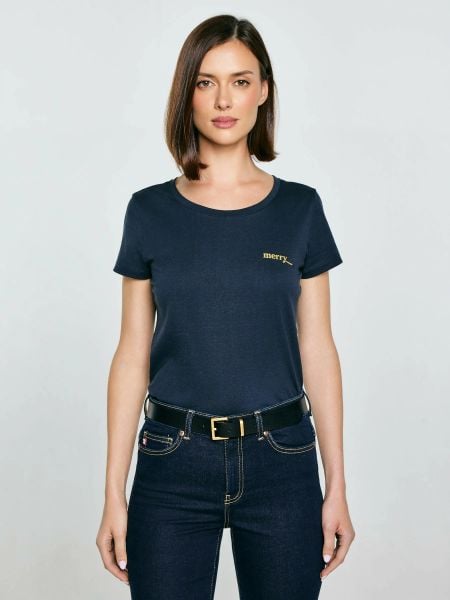 Koszulka damska z brokatowym nadrukiem granatowa Merra 403. Niebieskie t-shirty damskie Big Star, l, bez wzorów, z dzianiny, klasyczne, bez kołnierzyka. Za 89.99 zł.