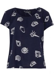"Shirt z dekoltem ""carmen"" i nadrukiem, z bawełny organicznej". Niebieskie bluzki damskie bonprix, bez wzorów, z bawełny, bez kołnierzyka, bez ramiączek. Za 52.99 zł.