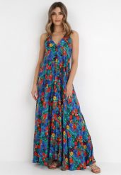 Niebieska Sukienka Artasia. Niebieskie sukienki damskie Born2be, na lato, l, z aplikacjami, boho, bez kołnierzyka, bez ramiączek, maxi, rozkloszowane. Za 84.99 zł.