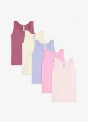 Podkoszulki z czystej bawełny organicznej (5 szt.). Fioletowe t-shirty i topy dla dziewczynek bonprix, bez wzorów, z bawełny, bez ramiączek. Za 99.99 zł.
