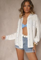 Biało-Niebieska Koszula z Wiskozy w Serca Koliselle. Białe bluzki damskie Renee, l, bez wzorów, z wiskozy, eleganckie, bez kołnierzyka, bez ramiączek. Za 79.99 zł.