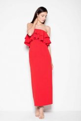 Czerwona Sukienka Długa Elegancka z Falbankami. Czerwone sukienki damskie Venaton, l, bez wzorów, z elastanu, eleganckie, bez kołnierzyka, bez ramiączek, maxi. Za 299.00 zł.
