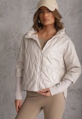 Jasnoszara Pikowana Kurtka z Kapturem z Materiałem na Rękawach Grigoria. Szare kurtki i płaszcze dla dziewczynek Renee, bez wzorów, z jeansu, z kapturem. Za 139.99 zł.