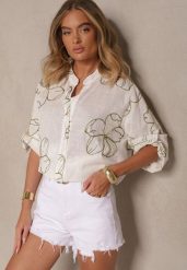 Biało-Zielona Koszula o Kroju Oversize z Podpinanymi Rękawami i Ozdobnym Haftem Follenea. Białe bluzki damskie Renee, z aplikacjami, z jeansu, eleganckie, bez kołnierzyka, bez ramiączek. Za 74.99 zł.