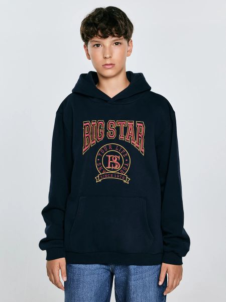 Bluza chłopięca z kapturem z haftem granatowa Liron 403. Niebieskie bluzy dla chłopców Big Star, bez wzorów, z bawełny, bez ramiączek, z kapturem. W wyprzedaży za 99.99 zł.