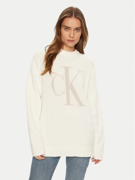 Calvin Klein Jeans Sweter Intrasia J20J224799 Écru Relaxed Fit. Swetry damskie Calvin Klein Jeans, l, bez wzorów, z bawełny, bez kołnierzyka, bez ramiączek, bez kaptura. Za 299.99 zł.
