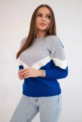 Sweter w geometryczne wzory szary+chabrowy. Niebieskie swetry damskie KESI, na zimę, l, bez wzorów, z wełny, klasyczne, bez kołnierzyka, plus size, bez ramiączek, bez kaptura. Za 158.92 zł.
