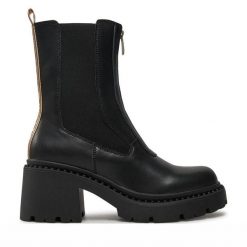 Botki Pepe Jeans. Czarne botki damskie Pepe Jeans, z jeansu, bez obcasa, na słupku, bez zapięcia. Za 569.99 zł.