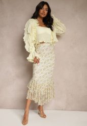 Biało-Żółta Dopasowana Spódnica z Ozdobną Falbaną Efravaria. Białe spódnice damskie Renee, m, bez wzorów, eleganckie, midi, dopasowane. Za 74.99 zł.
