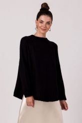 Sweter Oversize z Nietoperzowym Rękawem - Czarny. Czarne swetry damskie MOE, uniwersalny, bez wzorów, z materiału, bez kołnierzyka, bez ramiączek, bez kaptura. Za 201.90 zł.