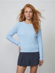 Sweter z wiskozą i fakturalnym wzorem - błękitny. Niebieskie swetry damskie Sinsay, l, bez wzorów, z wiskozy, bez kołnierzyka, bez ramiączek, bez kaptura. Za 39.99 zł.