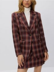 Jednorzędowa marynarka w kratę - burgundowy. Czerwone żakiety damskie Reserved, l, bez wzorów, z tkaniny. Za 199.99 zł.