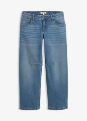 Jeansy o kroju barrel, mid waist. Niebieskie jeansy damskie bonprix. Za 144.99 zł.