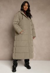 Zielona Długa Kurtka Zimowa z Pikowanymi Przeszyciami Kapturem i Suwakami Mevanesa. Brązowe kurtki damskie Renee, na zimę, plus size, bez wzorów, z jeansu. Za 279.99 zł.