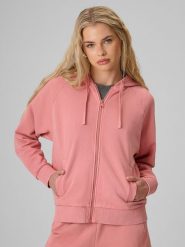 4F Bluza dresowa relaxed z kapturem damska - łososiowa XL. Brązowe bluzy damskie 4f, xl, bez wzorów, z dresówki, z kapturem. Za 169.99 zł.