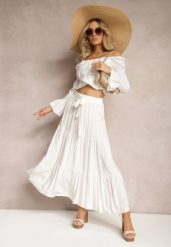 Biała Rozkloszowana Spódnica Maxi z Wiskozy z Materiałowymi Paskami Wintelis. Białe spódnice damskie Renee, na lato, l, bez wzorów, z materiału, eleganckie, maxi, dopasowane. Za 39.99 zł.