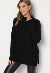Czarny Sweter z Półgolfem z Prążkowanej Dzianiny z Wycięciami po Bokach Rerivra. Czarne swetry damskie Born2be, uniwersalny, bez wzorów, z dzianiny, eleganckie, bez kołnierzyka, bez ramiączek, bez kaptura. Za 84.99 zł.