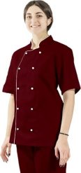 Visent BLUZA GASTRONOMICZNA KITEL KUCHARSKI Z LAMÓWKĄ bordowy / biała lamówka S. Białe bluzy męskie Visent, m, bez wzorów, bez kaptura. Za 79.99 zł.